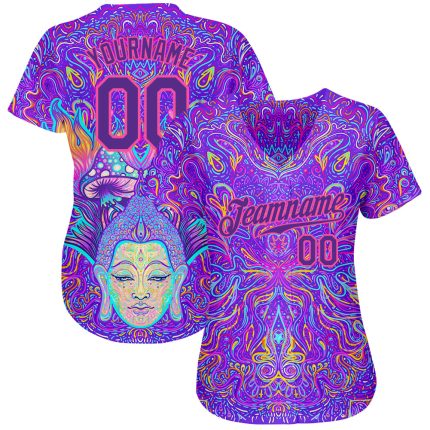 Custom 3D Pattern Sitting Buddha Baseball Jersey with Colorful Neon Background and Psychedelic Mushroom Design Custom 3D