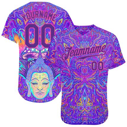 Custom 3D Pattern Sitting Buddha Baseball Jersey with Colorful Neon Background and Psychedelic Mushroom Design Custom 3D