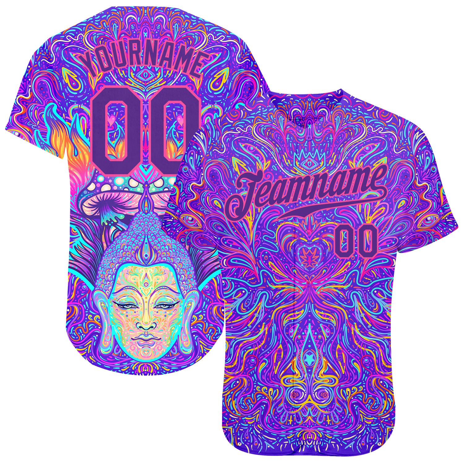 Custom 3D Pattern Design Sitting Buddha Over Colorful Neon Background Psychedelic Mushroom Composition Authentic Baseball Jersey Custom 3D Pattern Sitting Buddha Baseball Jersey with Colorful Neon Background and Psychedelic Mushroom Design Custom 3D