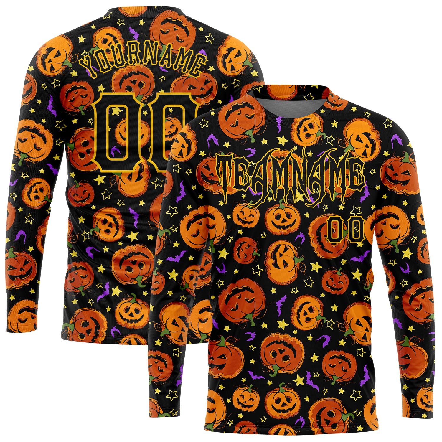 Halloween Pumpkins Bats Stars 3D Pattern Long Sleeve Performance T-Shirt Custom 3D Pattern Halloween Pumpkins Bats Stars