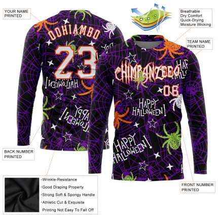 Happy Halloween Spiders Custom 3D Pattern Long Sleeve Performance T-Shirt Custom 3D Pattern Happy Halloween Spiders Long