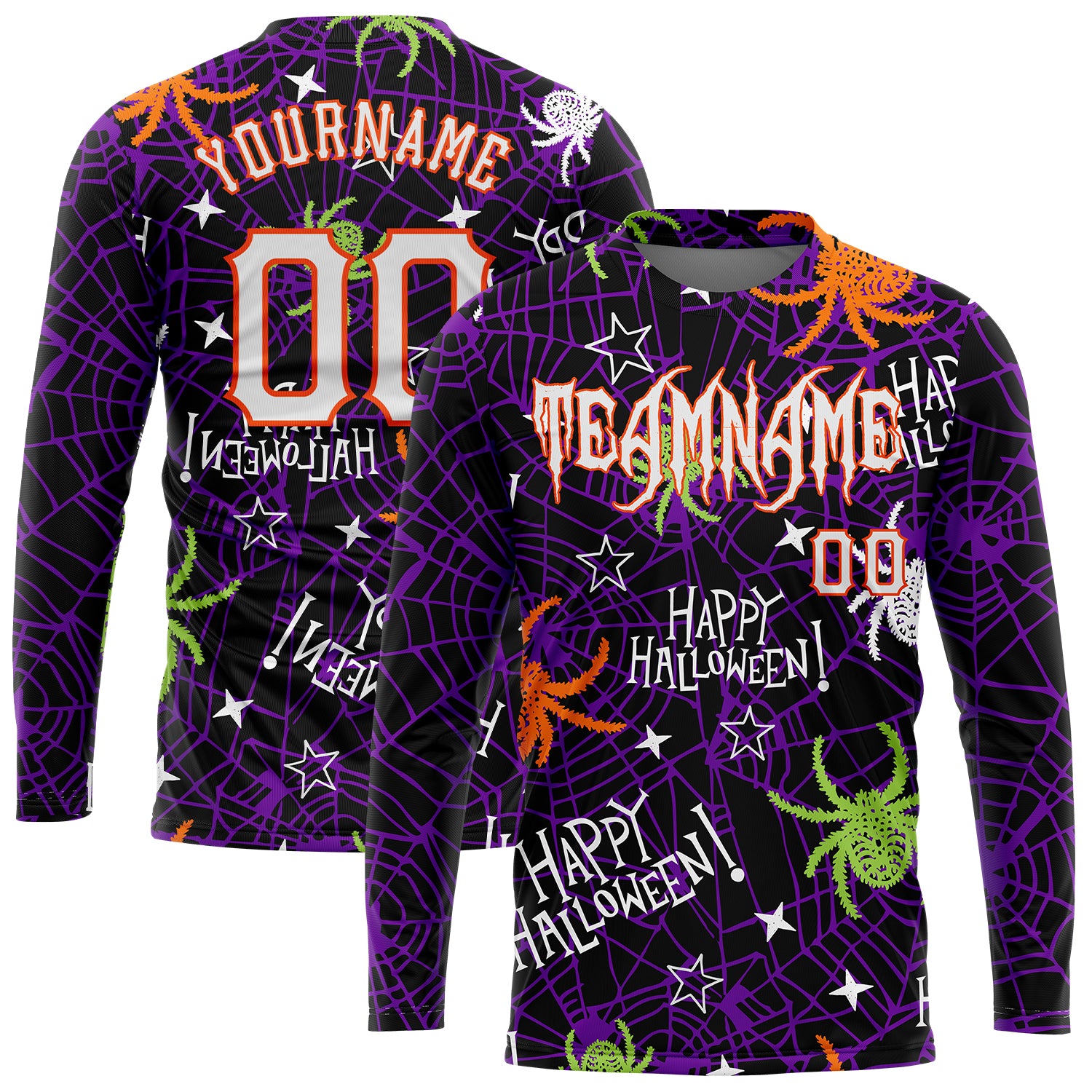 Happy Halloween Spiders Custom 3D Pattern Long Sleeve Performance T-Shirt Custom 3D Pattern Happy Halloween Spiders Long