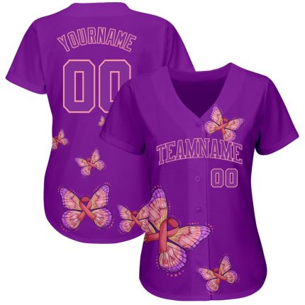 Breast Cancer Awareness Womens 3D Pink Ribbon Baseball Jersey with Butterfly Wings for Health Care Support Custom 3D Pink