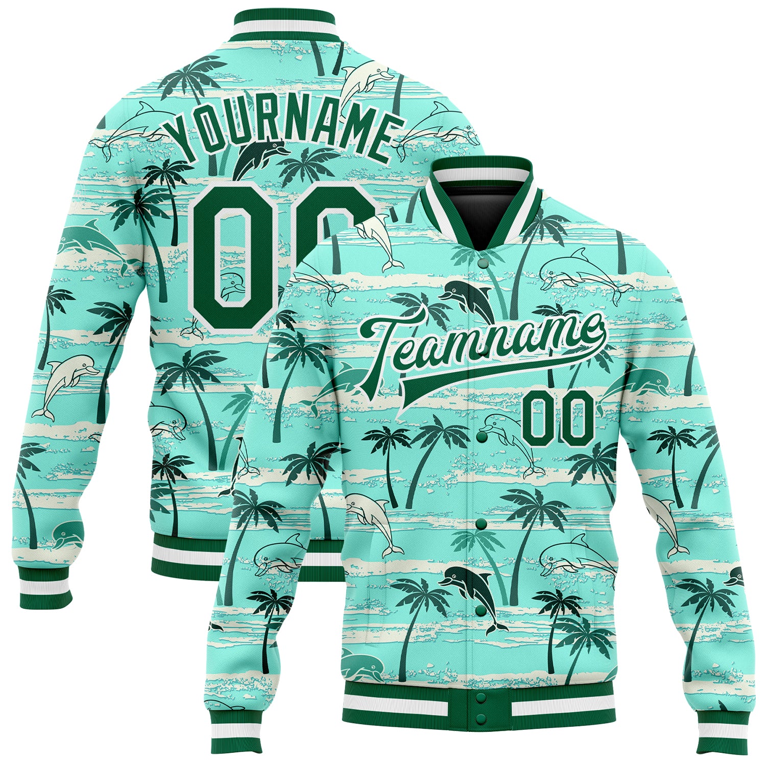 Aqua Kelly Green White Palm Trees 3D Pattern Bomber Jacket Full-Snap Varsity Letterman Custom Aqua Kelly Green-White Hawaii