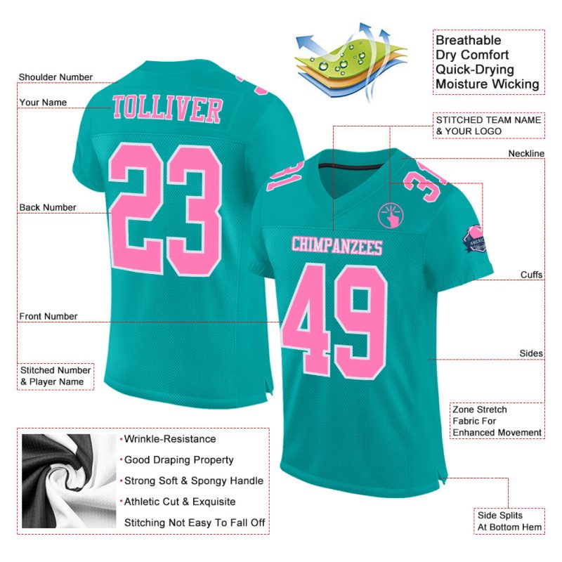 Custom Aqua Pink White Mesh Authentic Football Jersey for Men Custom Aqua Pink-White Mesh Authentic Football Jersey
