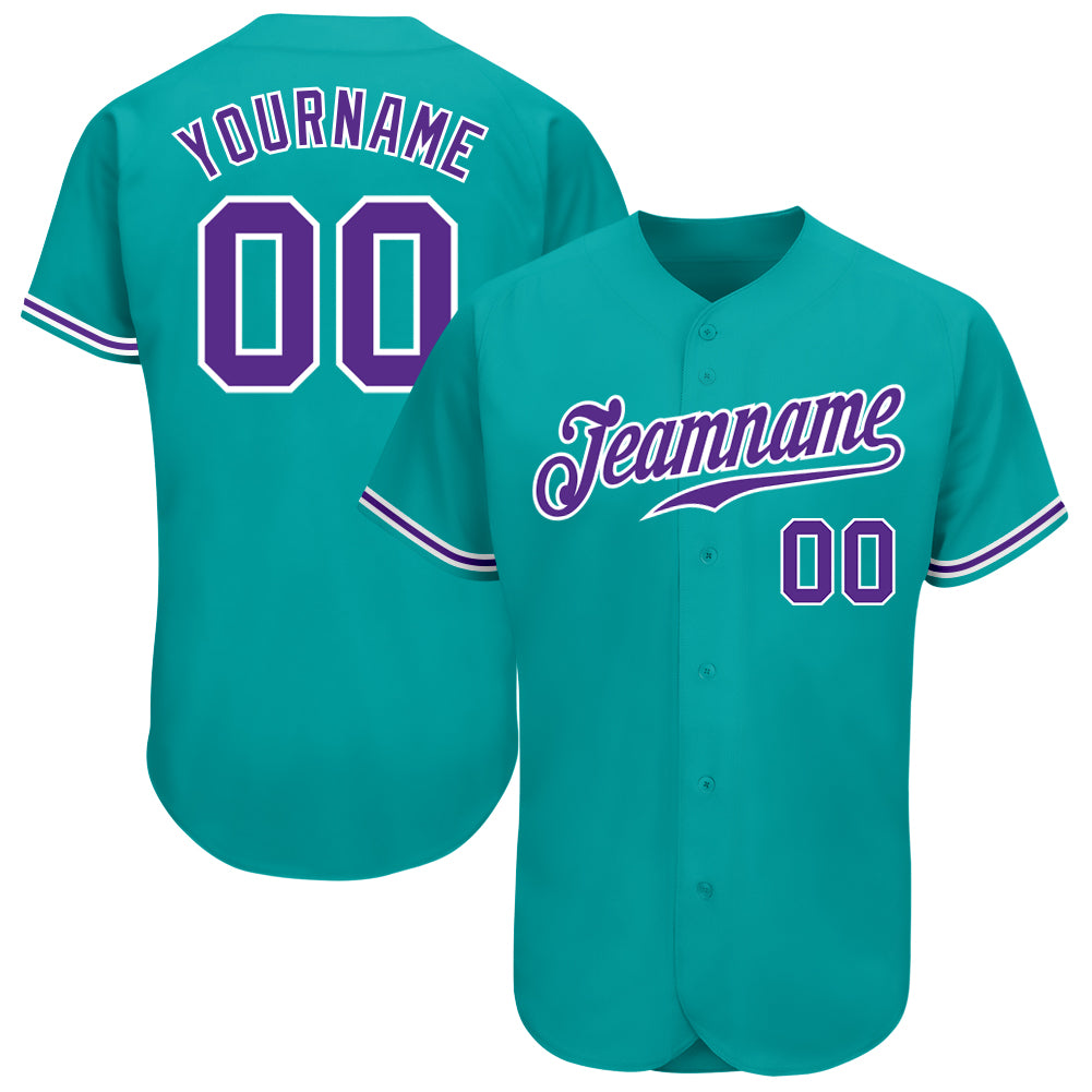 Aqua Purple White Custom Baseball Jersey - Authentic Design for Fans Custom Aqua Purple-White Authentic Baseball Jersey