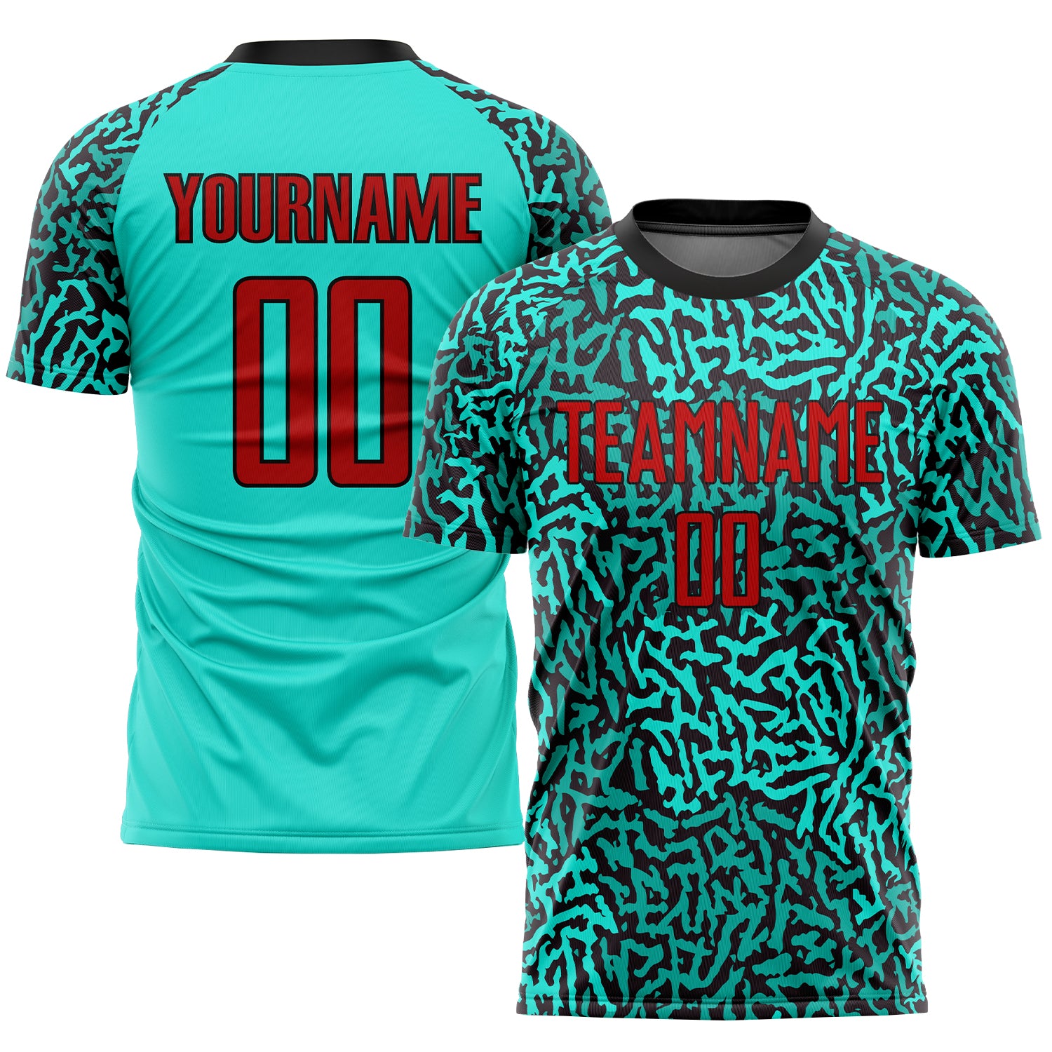 Custom Red Black Aqua Soccer Uniform Jersey - Sublimation Style 4851 Custom Aqua Red-Black Sublimation Soccer Uniform Jersey