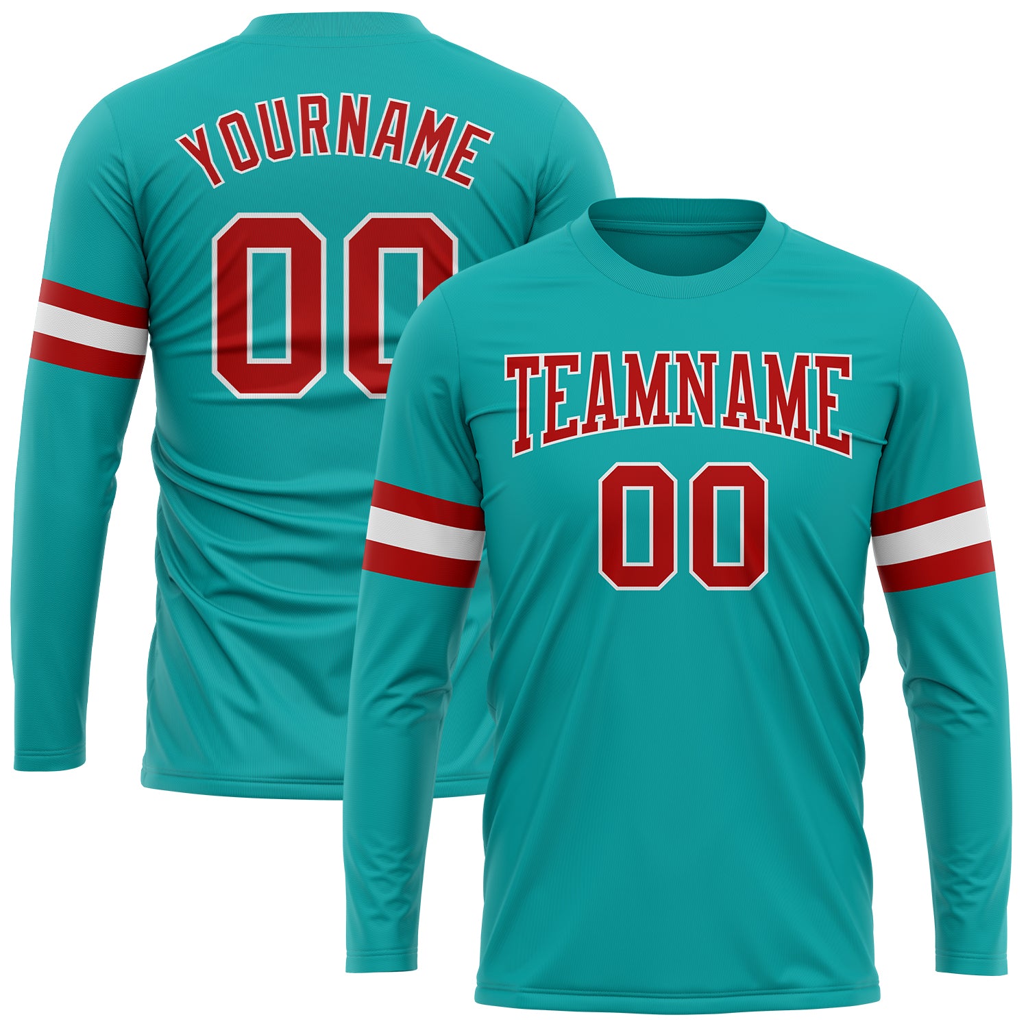 Custom Performance Long Sleeve T-Shirt in Aqua Red and White - Athletic Wear for Men and Women Custom Aqua Red-White Long