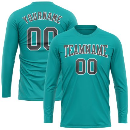 Aqua Steel Gray White Long Sleeve Performance T-Shirt Custom Design Custom Aqua Steel Gray-White Long Sleeve Performance