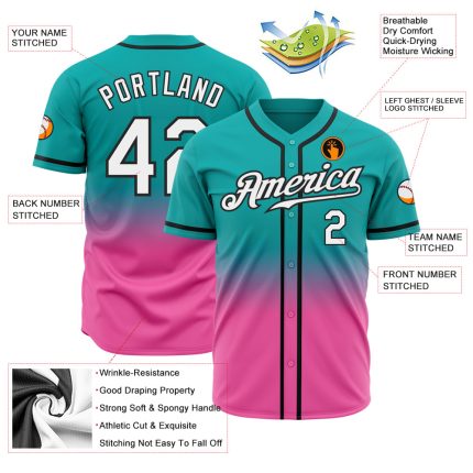 Custom Baseball Jersey - Aqua White Pink Black Authentic Fade Fashion Design Custom Aqua White Pink-Black Authentic Fade