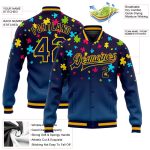Autism Awareness Navy-Gold 3D Puzzle Pieces Full-Snap Varsity Letterman Bomber Jacket Custom Autism Awareness Puzzle Pieces