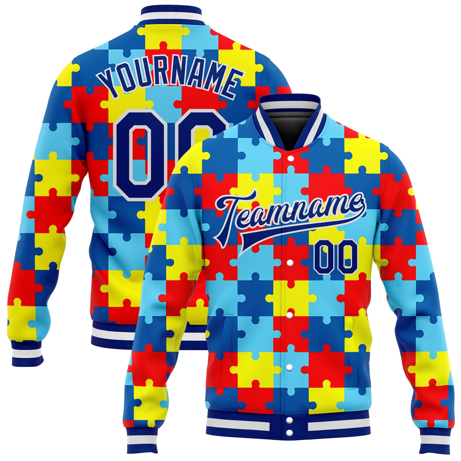 Autism Awareness Custom 3D Puzzle Piece Bomber Varsity Full-Snap Jacket Royal-White Custom Autism Awareness Puzzle Pieces