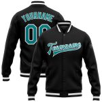 Black Varsity Letterman Jacket Custom Aqua-White Full-Snap Bomber Custom Black Aqua-White Bomber Full-Snap Varsity Letterman
