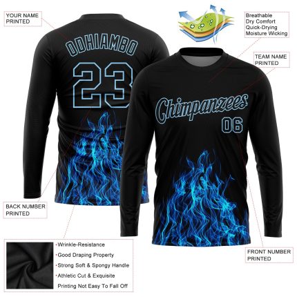 Custom Black Blue Flame 3D Long Sleeve Performance T-Shirt for Men and Women Custom Black Black-Light Blue Flame 3D Pattern
