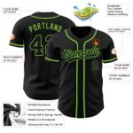 Custom black and neon green baseball jersey, detail of the printed panel