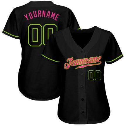 Custom Black Neon Green-Pink Authentic Baseball Jersey for Men and Women Custom Black Black Neon Green-Pink Authentic Baseball
