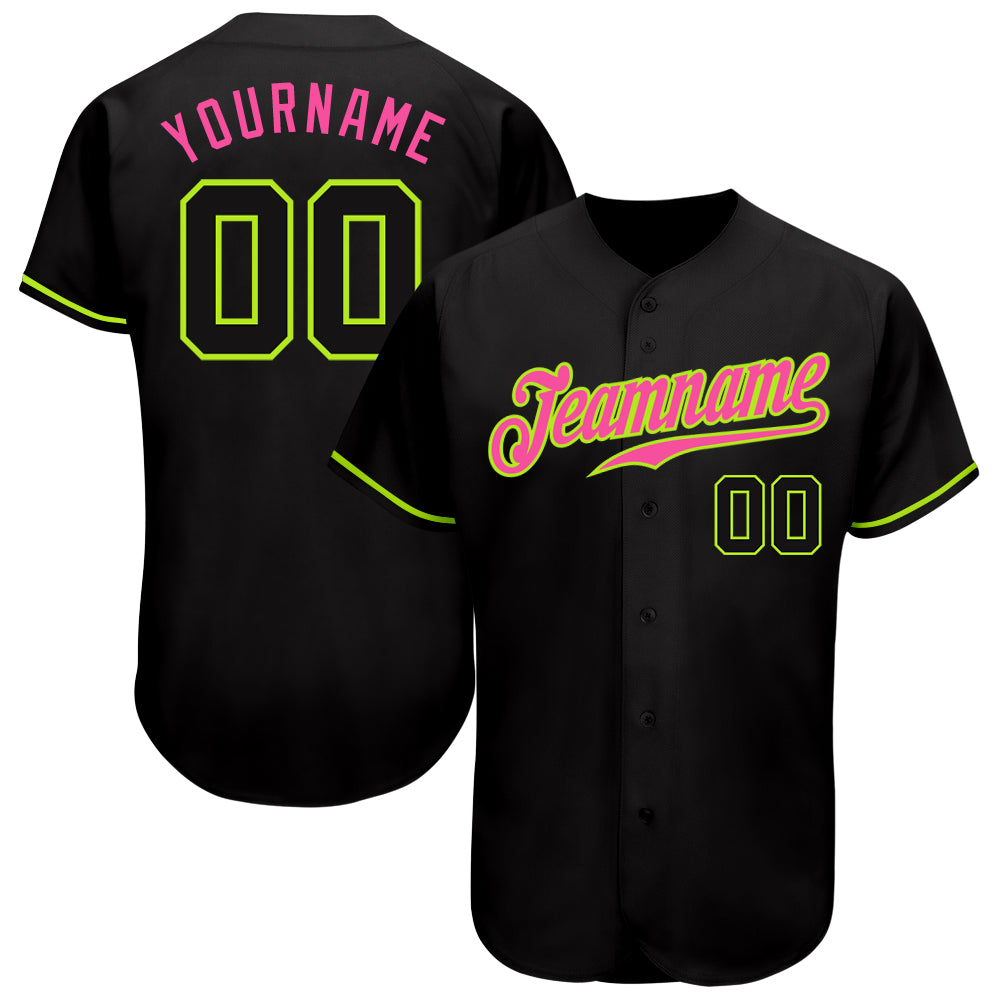 Custom Black Neon Green-Pink Authentic Baseball Jersey for Men and Women Custom Black Black Neon Green-Pink Authentic Baseball
