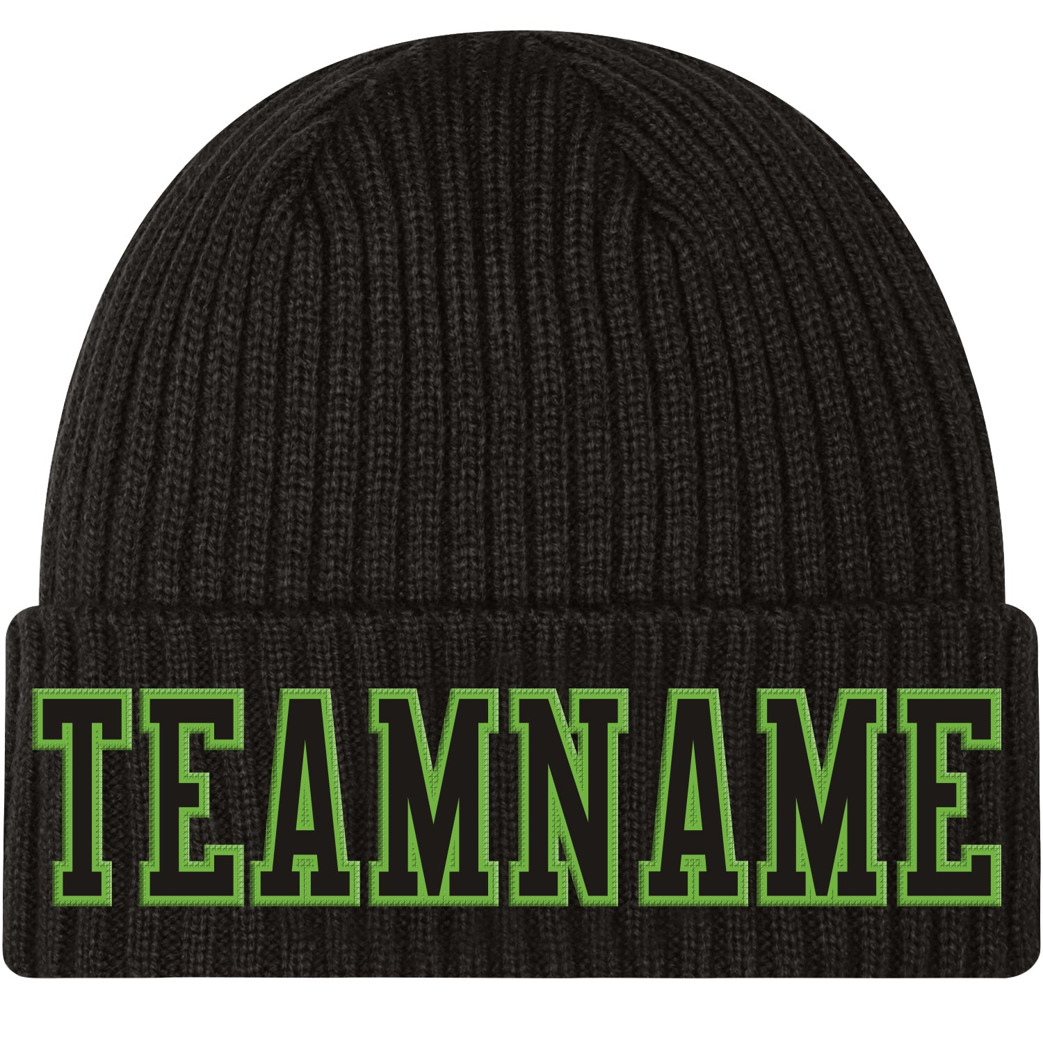 Custom Black Neon Green Threaded Knit Cuffed Hat - Stylish Winter Beanie Custom Black Black-Neon Green Stitched Cuffed Knit