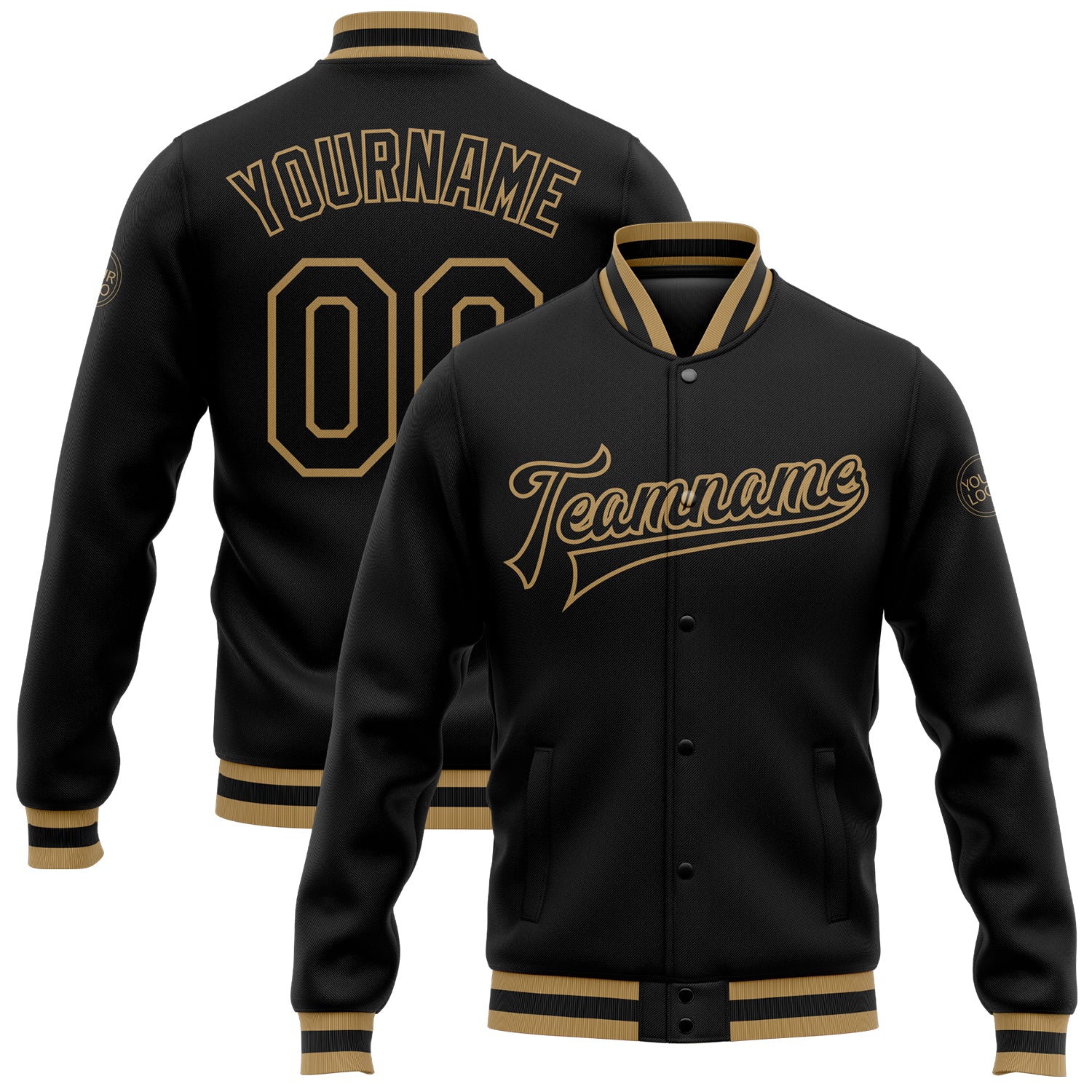 Custom Black Old Gold Bomber Varsity Letterman Jacket Full-Snap Style 6795 Custom Black Black-Old Gold Bomber Full-Snap Varsity