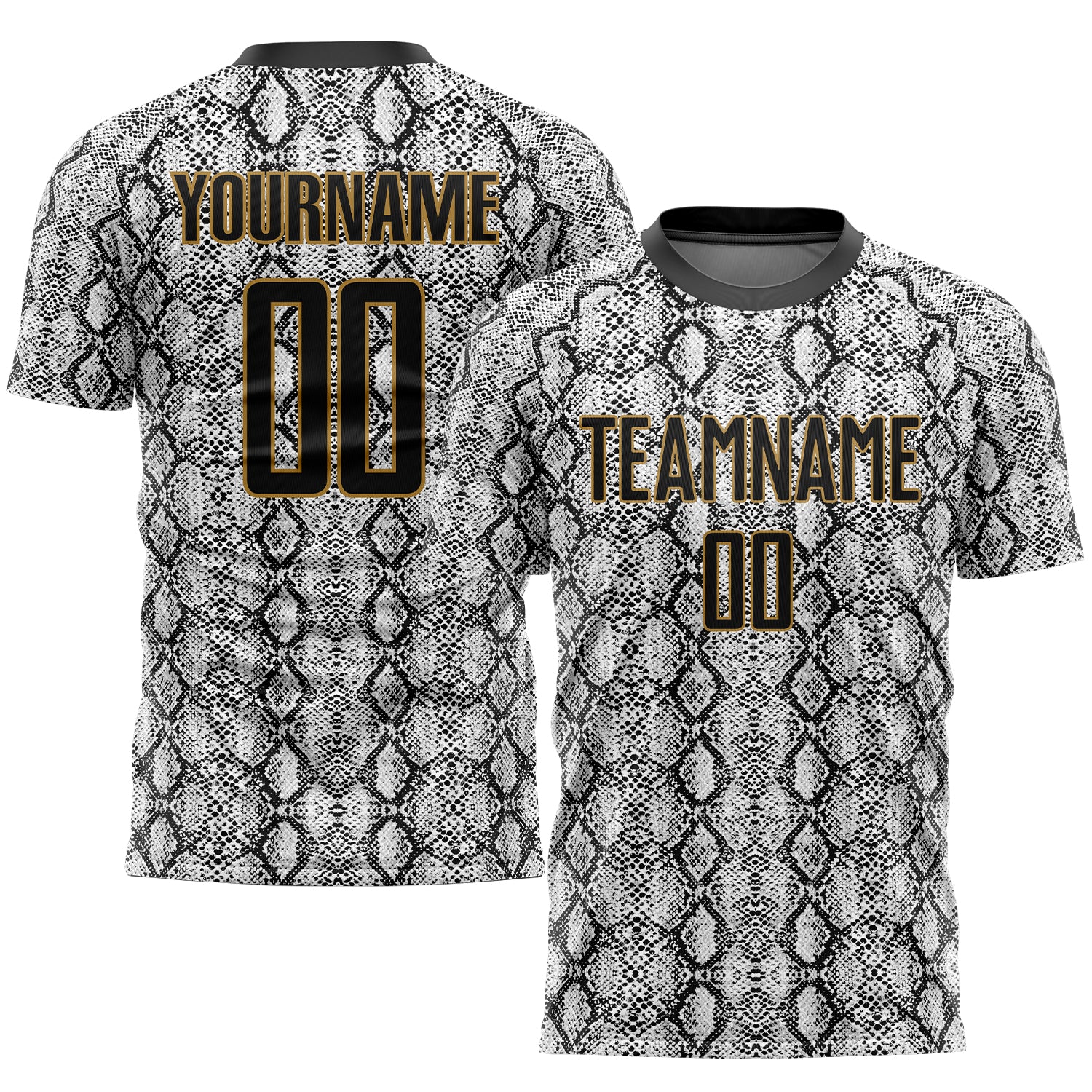 Custom Black Gold Sublimation Snakeskin Soccer Jersey Uniform for Men and Women Custom Black Black-Old Gold Sublimation Snakeskin