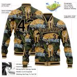 Custom Black Gold Tropical Tiger 3D Pattern Varsity Bomber Full-Snap Jacket with Palms Custom Black Black-Old Gold Tropical