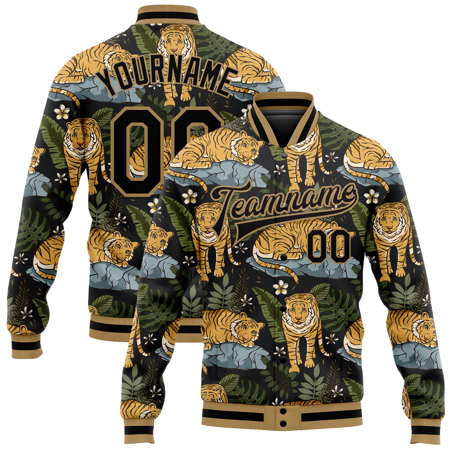 Custom Black Black-Old Gold Tropical Tiger With Palms 3D Pattern Design Bomber Full-Snap Varsity Letterman Jacket Custom Black Gold Tropical Tiger 3D Pattern Varsity Bomber Full-Snap Jacket with Palms Custom Black Black-Old Gold Tropical
