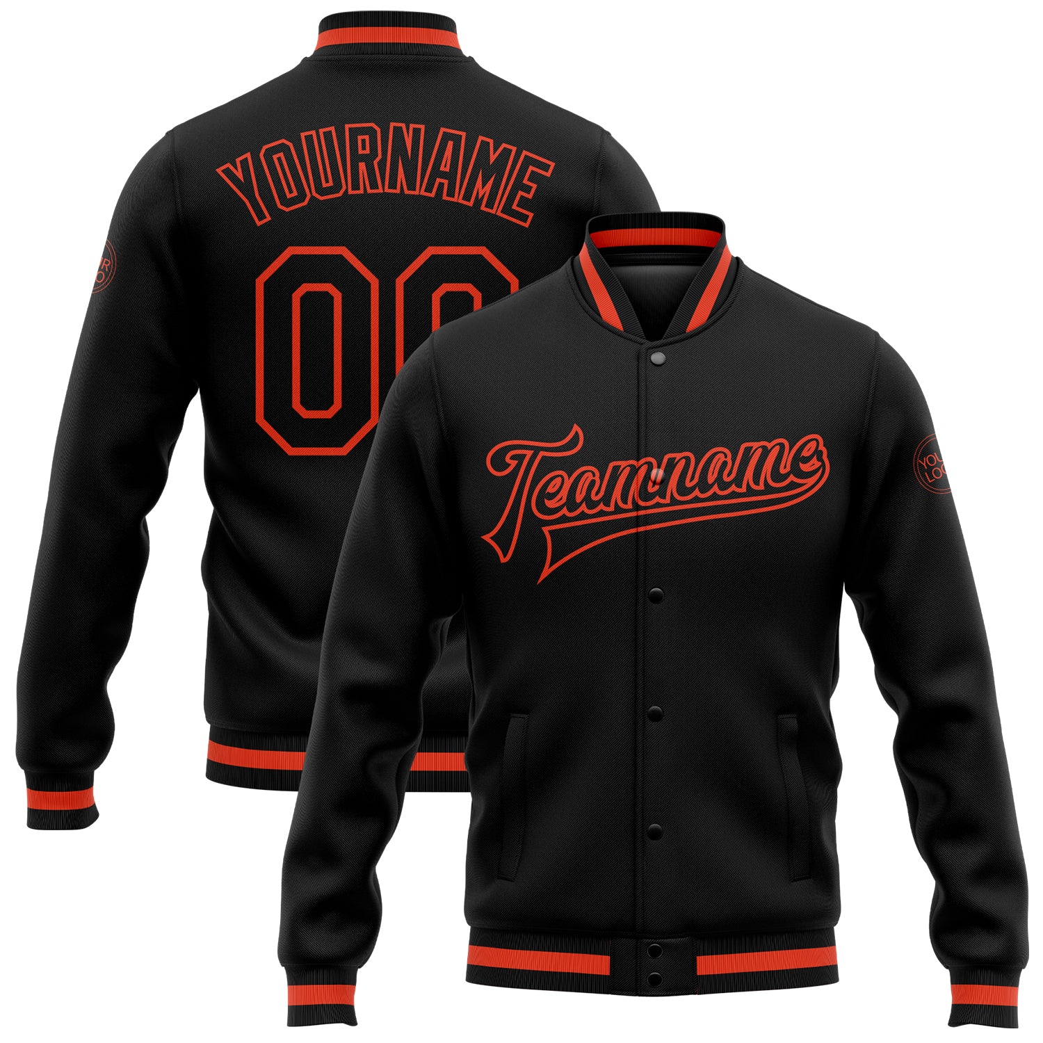 Custom Black Black-Orange Bomber Full-Snap Varsity Letterman Jacket Black-Orange Custom Bomber Varsity Letterman Jacket for Men - Full-Snap Design Custom Black Black-Orange Bomber Full-Snap