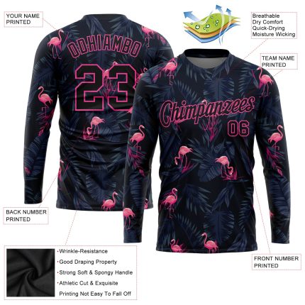 Custom Black Pink Flamingo 3D Pattern Performance Long Sleeve T-Shirt Custom Black Black-Pink Flamingo 3D Pattern Long Sleeve