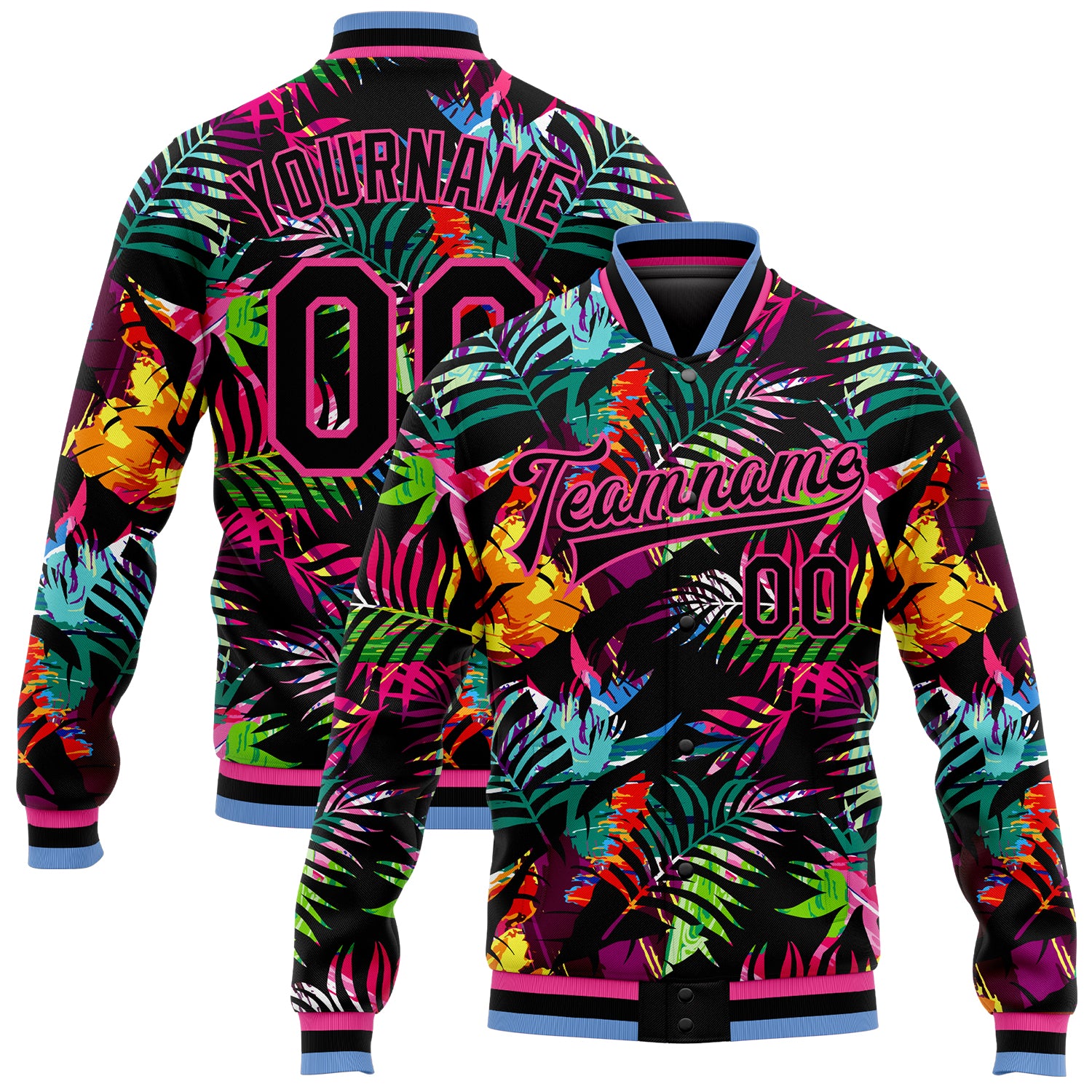 Custom Black Pink Light Blue Palm Trees 3D Pattern Bomber Varsity Full-Snap Jacket Custom Black Black Pink-Light Blue Hawaii