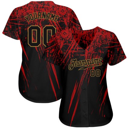 Custom Black Red Gold 3D Pattern Design Baseball Jersey - Authentic Sports Apparel Custom Black Black Red-Old Gold 3D Pattern