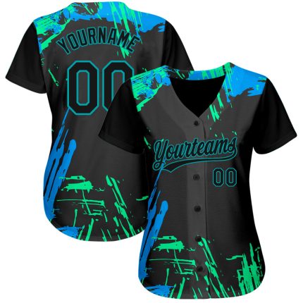 Custom 3D Pattern Baseball Jersey - Black Teal Light Blue Authentic Design Custom Black Black Teal-Light Blue 3D Pattern