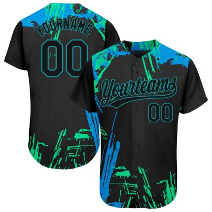 Custom 3D Pattern Baseball Jersey - Black Teal Light Blue Authentic Design Custom Black Black Teal-Light Blue 3D Pattern