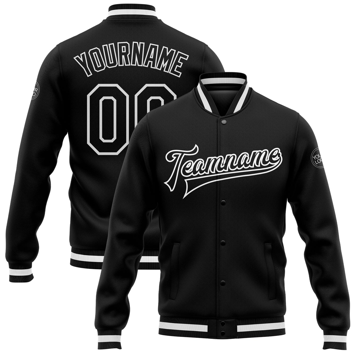 Custom Black Black-White Bomber Full-Snap Varsity Letterman Jacket Style 9702 Custom Black White Varsity Letterman Bomber Jacket Full-Snap Style 9702 Custom Black Black-White Bomber Full-Snap Varsity