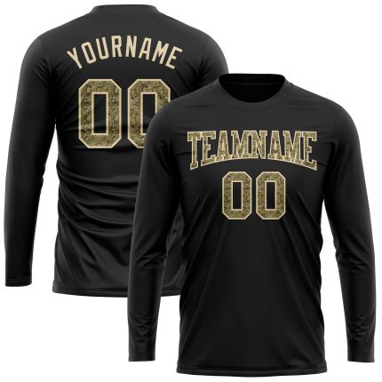 Black Camo Cream Long Sleeve Performance T-Shirt for Men and Women, Customizable Athletic Tee Custom Black Camo-Cream Long
