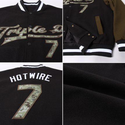 Custom Black Camo Olive Varsity Letterman Bomber Jacket Full-Snap Two Tone Custom Black Camo-Olive Bomber Full-Snap Varsity