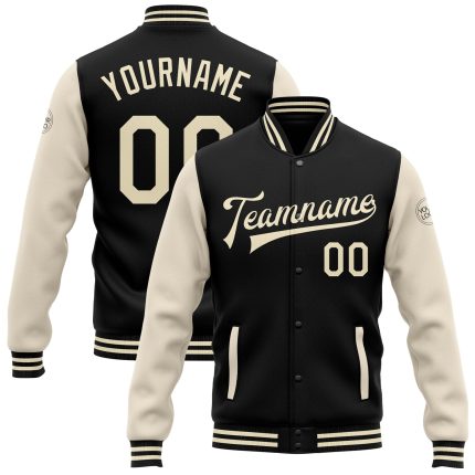 Custom Black Cream Two Tone Bomber Varsity Letterman Full-Snap Jacket Custom Black Cream Bomber Full-Snap Varsity Letterman