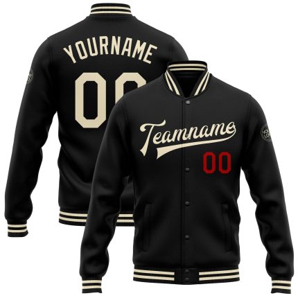 Black Cream-Red Custom Varsity Letterman Bomber Jacket Full-Snap Style Custom Black Cream-Red Bomber Full-Snap Varsity Letterman