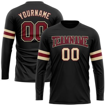 Black Crimson-Cream Long Sleeve Performance T-Shirt - Customizable Athletic Wear Custom Black Crimson-Cream Long Sleeve Performance