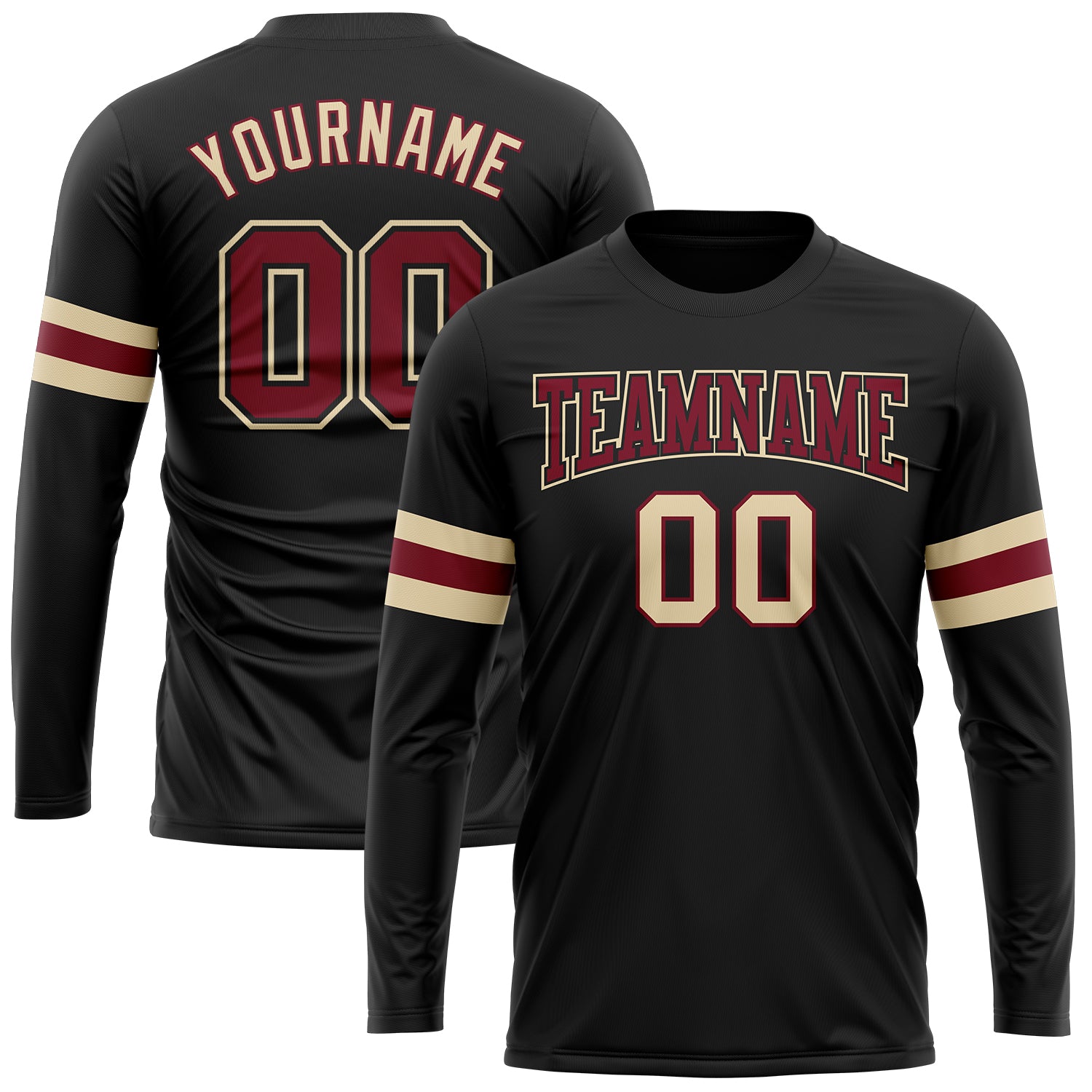 Black Crimson-Cream Long Sleeve Performance T-Shirt - Customizable Athletic Wear Custom Black Crimson-Cream Long Sleeve Performance