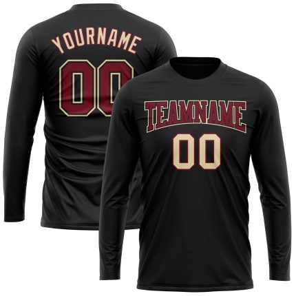 Black Crimson-Cream Long Sleeve Performance T-Shirt - Customizable Athletic Wear Custom Black Crimson-Cream Long Sleeve Performance