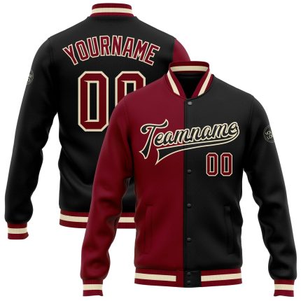 Custom Black Crimson Maroon Varsity Letterman Bomber Jacket Full-Snap Fashion Outerwear Custom Black Crimson Cream-Maroon