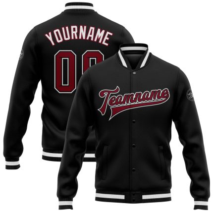 Custom Black Crimson White Varsity Letterman Jacket Full-Snap Bomber Custom Black Crimson-White Bomber Full-Snap Varsity