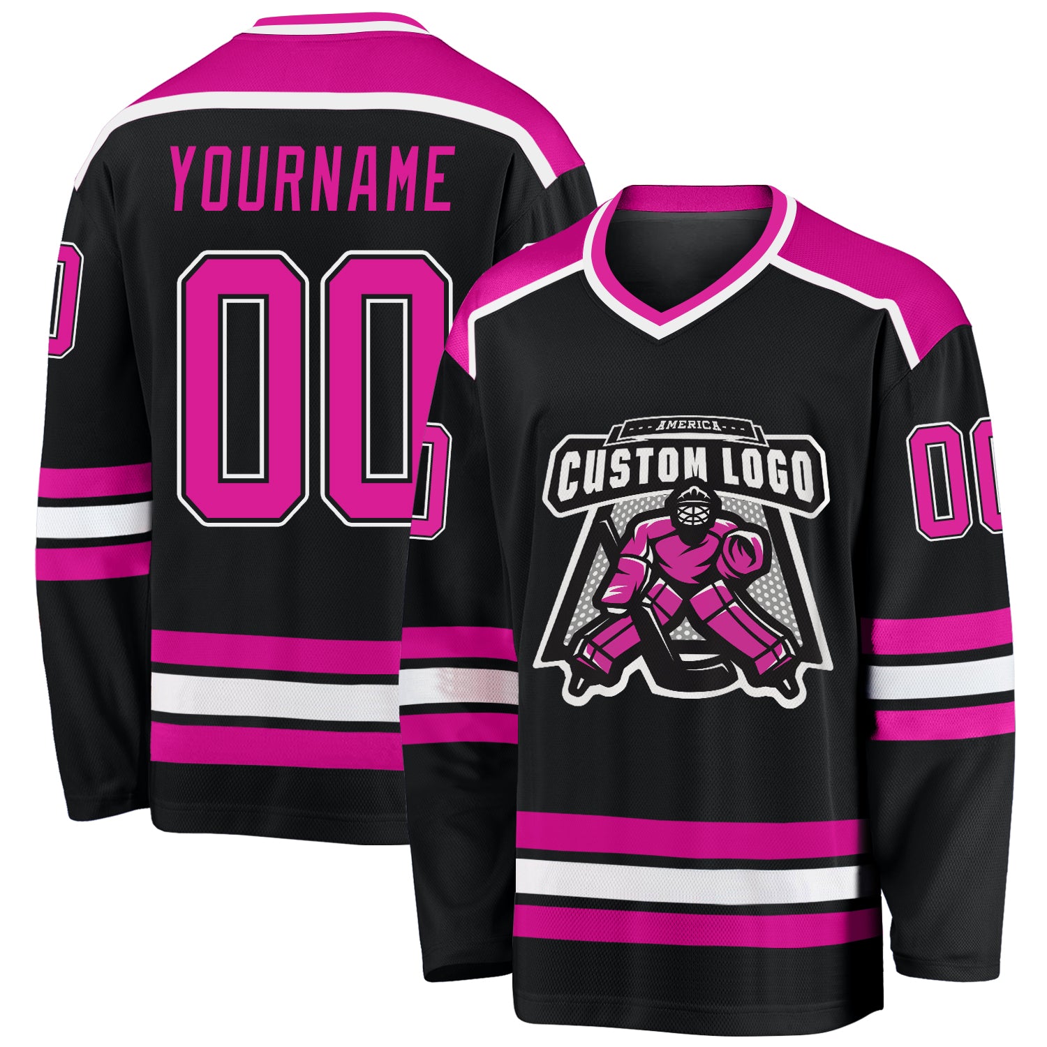 Custom Deep Pink-White Black Hockey Jersey - Personalized Sports Apparel Custom Black Deep Pink-White Hockey Jersey