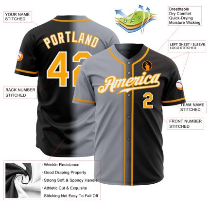 Custom Black Gold Gray White Fade Authentic Baseball Jersey Fashion Custom Black Gold Gray-White Authentic Fade Fashion Baseball