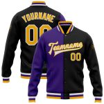 Custom Black Gold Purple Bomber Varsity Letterman Jacket Full-Snap Fashion Coat Custom Black Gold-Purple Bomber Full-Snap