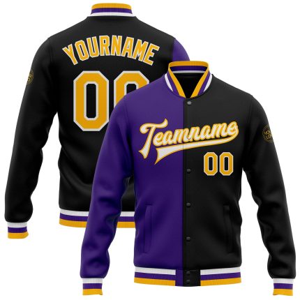 Custom Black Gold Purple Bomber Varsity Letterman Jacket Full-Snap Fashion Coat Custom Black Gold-Purple Bomber Full-Snap