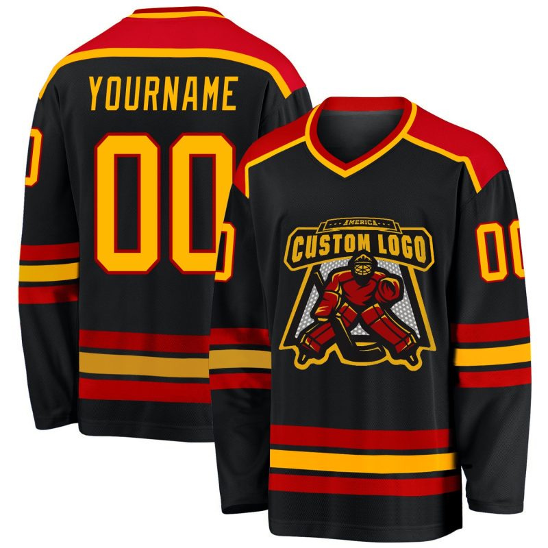 Personalized Black Gold-Red Hockey Jersey - Customizable Team Apparel Custom Black Gold-Red Hockey Jersey