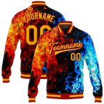 Custom Black Gold Red Flame 3D Pattern Varsity Letterman Full-Snap Bomber Jacket Custom Black Gold Red-Royal Flame 3D Pattern