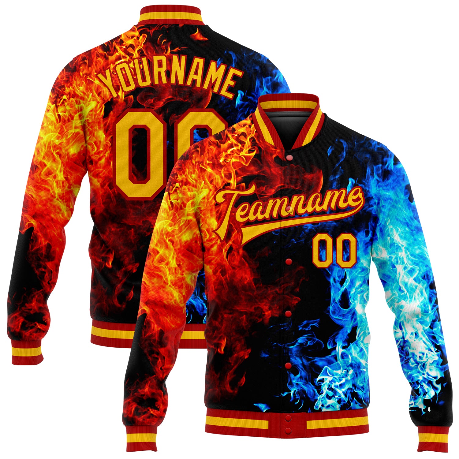 Custom Black Gold Red Flame 3D Pattern Varsity Letterman Full-Snap Bomber Jacket Custom Black Gold Red-Royal Flame 3D Pattern