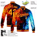 Custom Black Gold Red Flame 3D Pattern Varsity Letterman Full-Snap Bomber Jacket Custom Black Gold Red-Royal Flame 3D Pattern